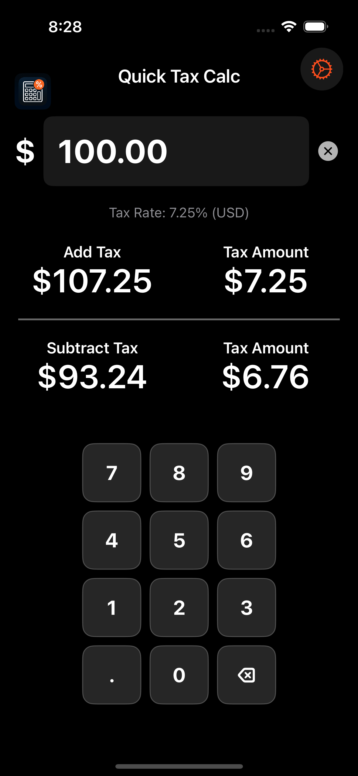 Quick Tax Calc main screen
