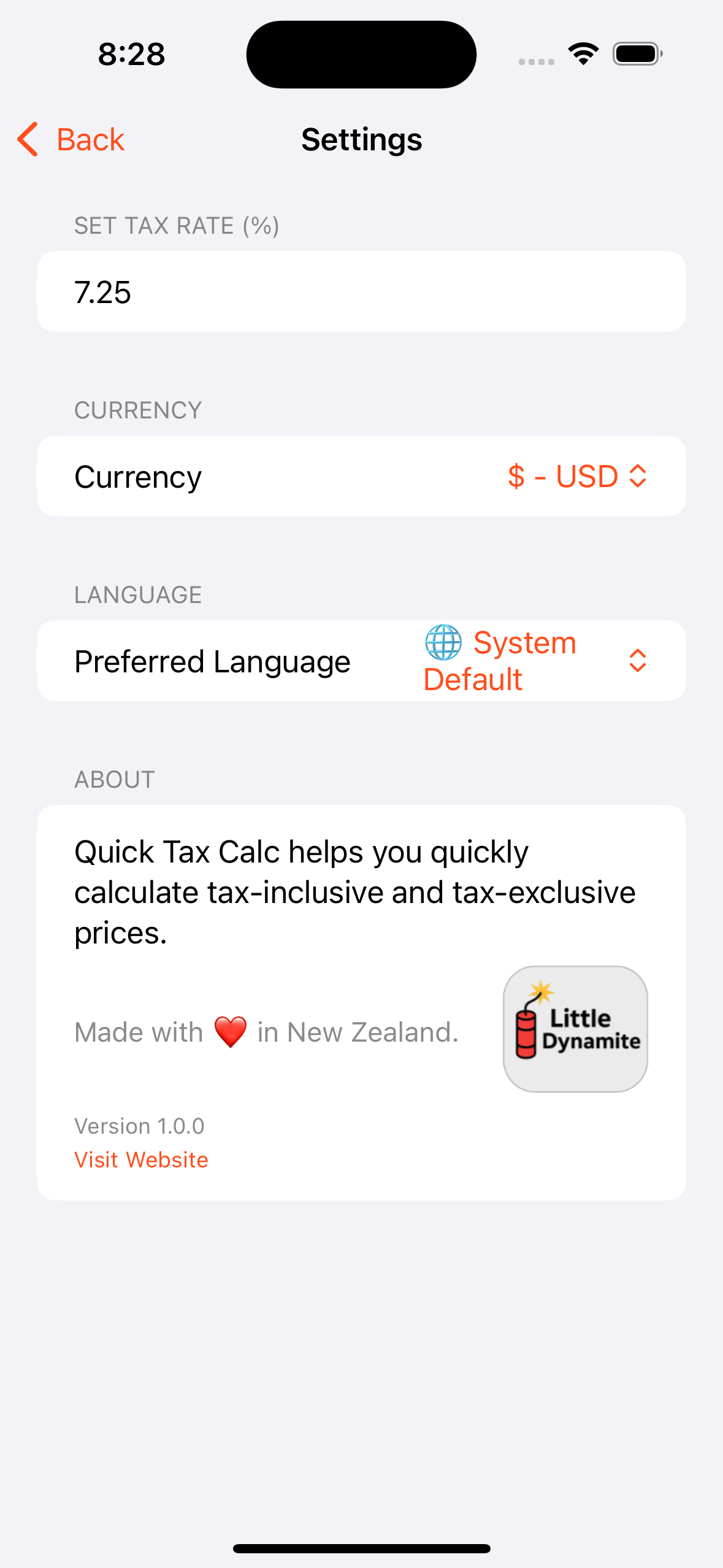 Quick Tax Calc settings